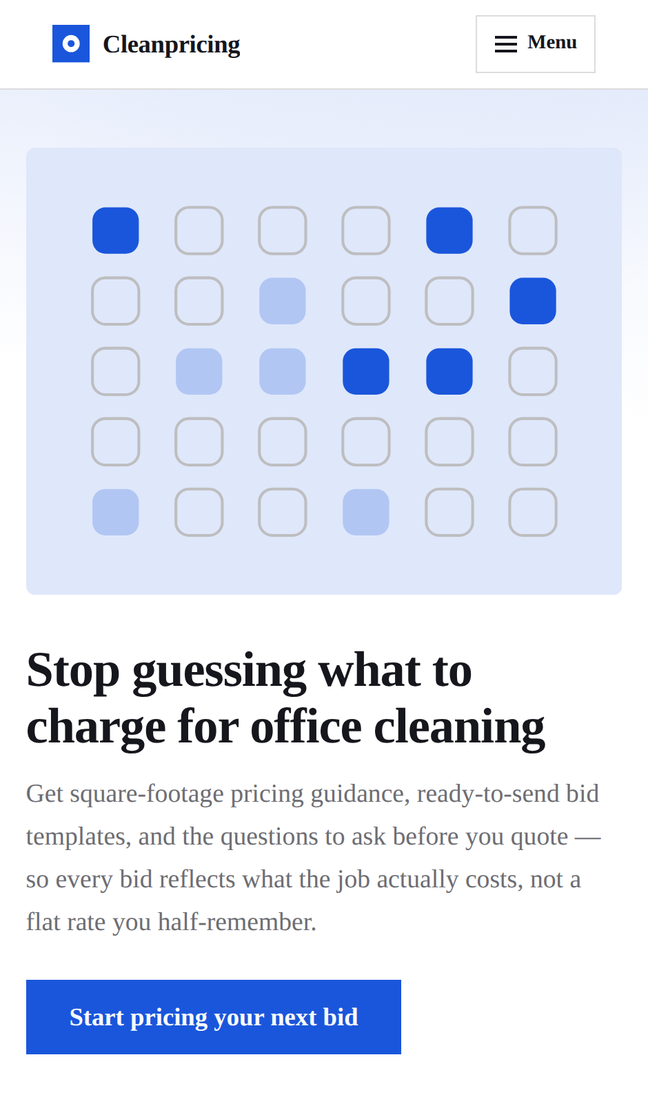 The published home page: navigation, a headline about pricing office cleaning work, and a contact button.