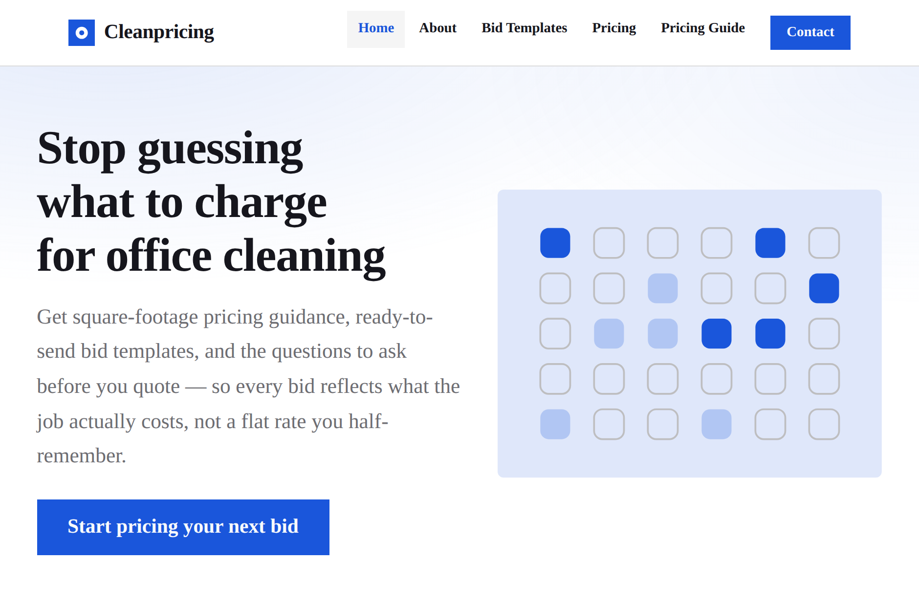 The published home page of Cleanpricing: navigation, a headline about pricing office cleaning work, and a contact button.